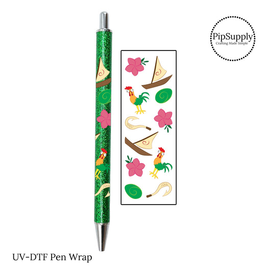 Adhesive pen wrap with sailboats, chickens, and flowers.