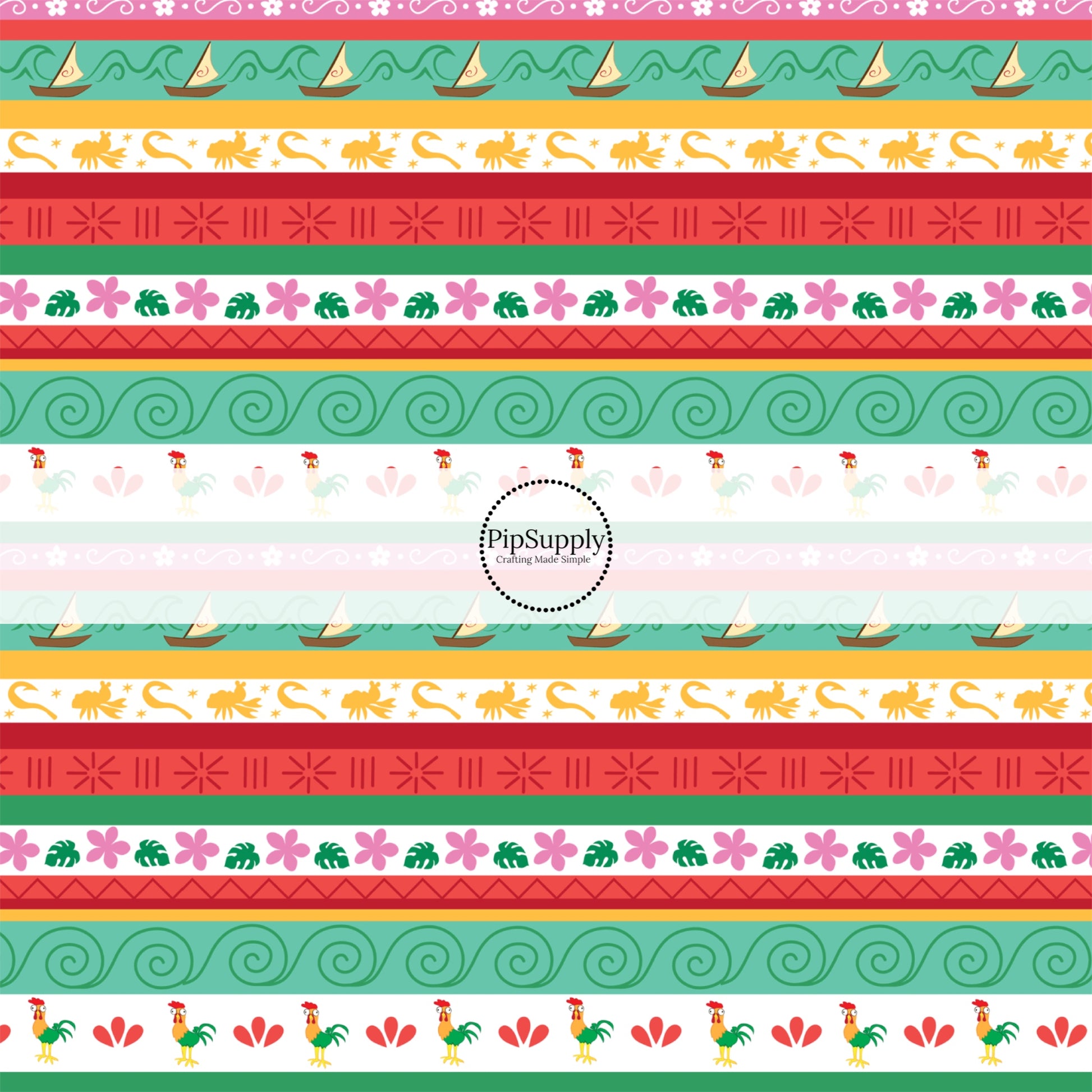 Red and green princess striped fabric by the yard with sailboats, florals, and chickens.