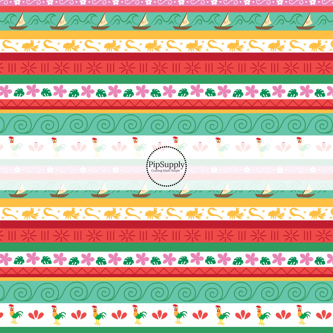 Red and green princess striped fabric by the yard with sailboats, florals, and chickens.