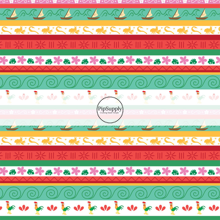 Red and green princess striped fabric by the yard with sailboats, florals, and chickens.