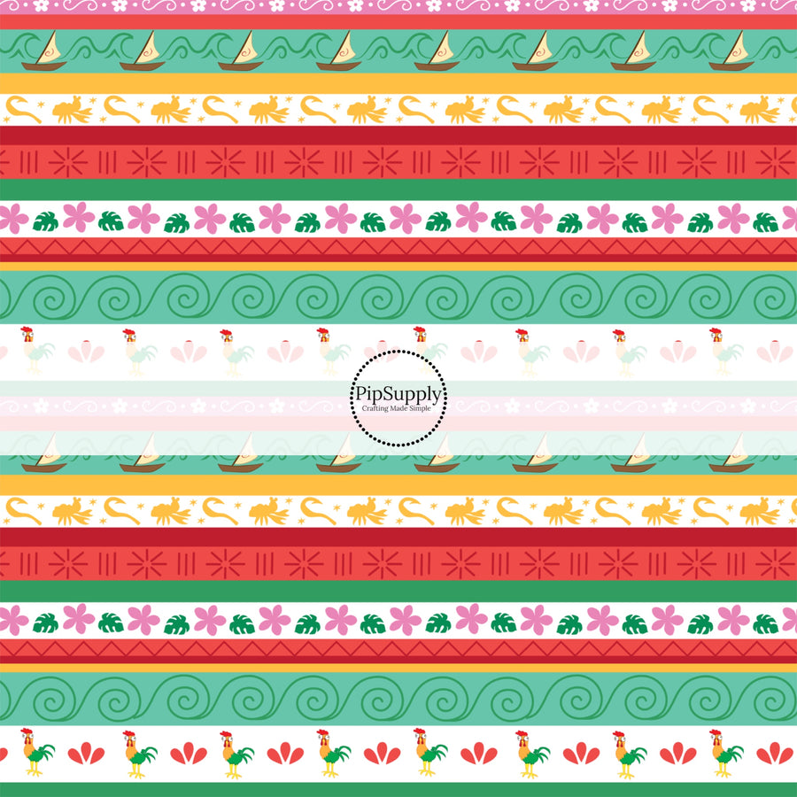 Red and green princess striped fabric by the yard with sailboats, florals, and chickens.