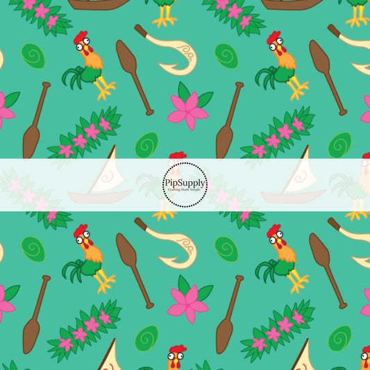 Teal green fabric by the yard with sailboats, chickens, boat oars, and water-lilies.