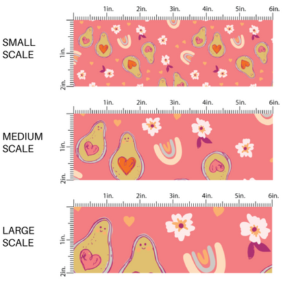 This scale chart of small scale, medium scale, and large scale of these Valentine's pattern themed fabric by the yard features avocados with hearts surrounded by flowers on pink. This fun Valentine's Day fabric can be used for all your sewing and crafting needs! 