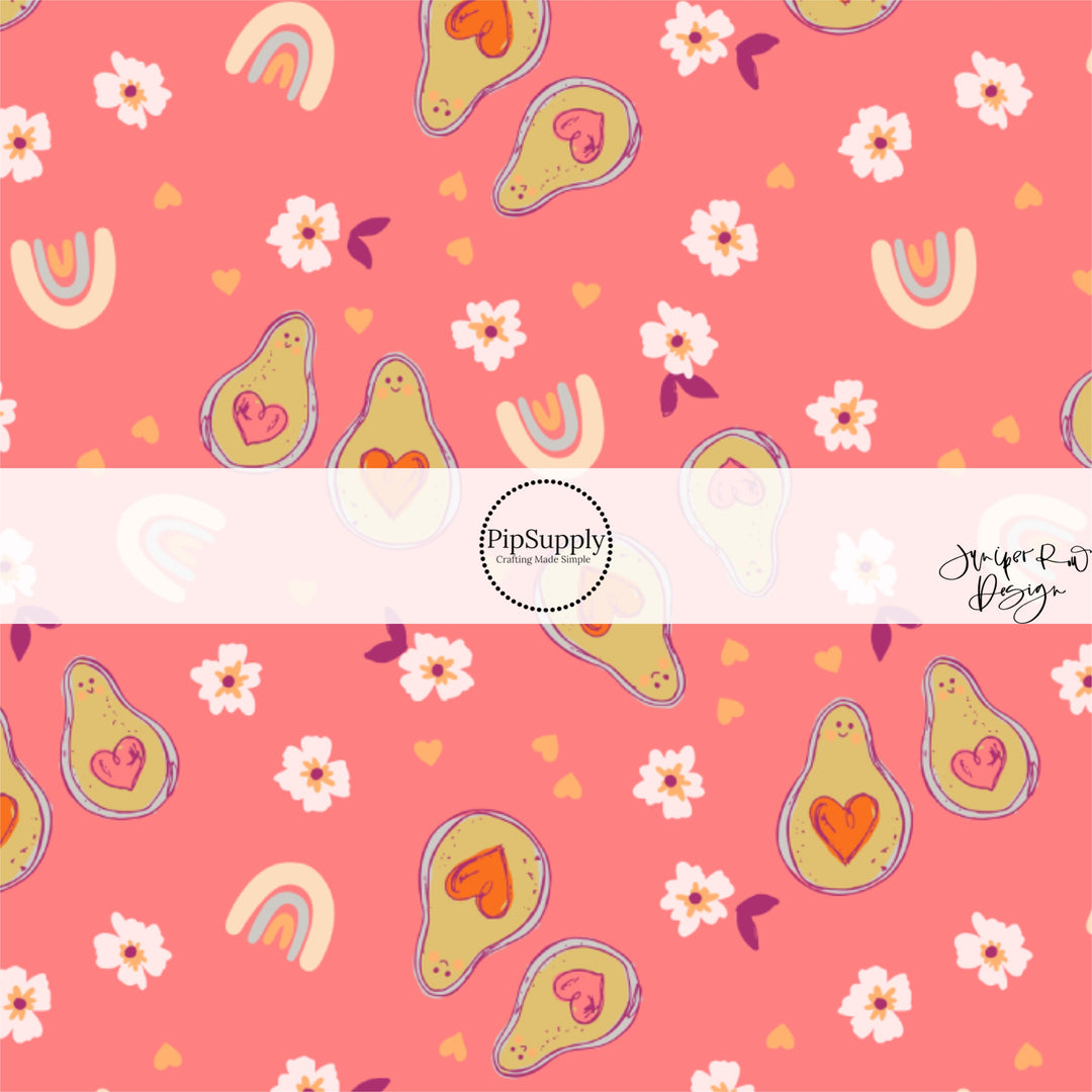 These Valentine's pattern themed fabric by the yard features avocados with hearts surrounded by flowers on pink. This fun Valentine's Day fabric can be used for all your sewing and crafting needs! 