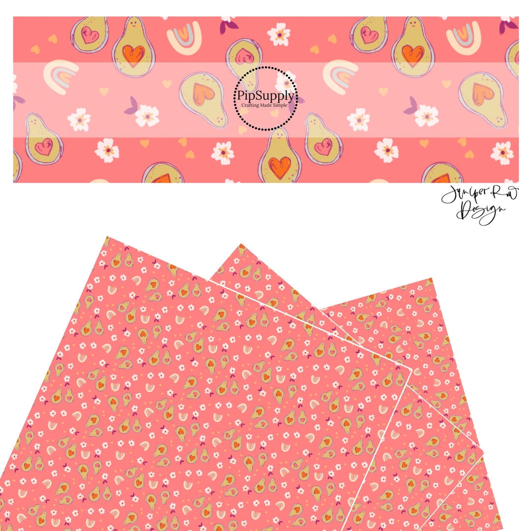 These Valentine's pattern themed faux leather sheets contain the following design elements: avocados with hearts surrounded by flowers on pink. Our CPSIA compliant faux leather sheets or rolls can be used for all types of crafting projects.