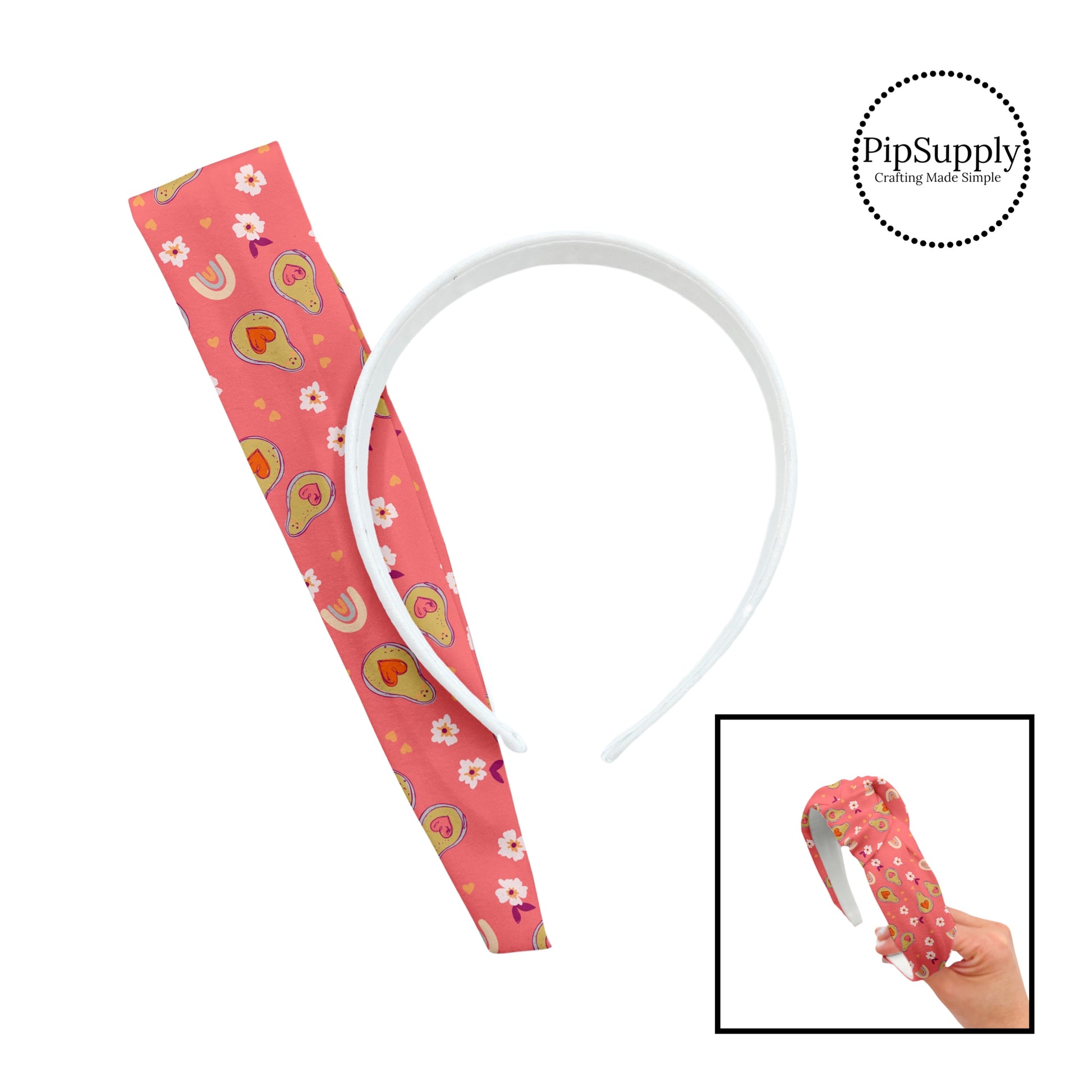 These patterned headband kits are easy to assemble and come with everything you need to make your own knotted headband. These Valentine's Day kits include a custom printed and sewn fabric strip and a coordinating velvet headband. This cute pattern features avocados with hearts surrounded by flowers on pink.