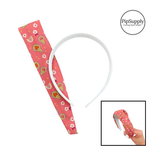 These patterned headband kits are easy to assemble and come with everything you need to make your own knotted headband. These Valentine's Day kits include a custom printed and sewn fabric strip and a coordinating velvet headband. This cute pattern features avocados with hearts surrounded by flowers on pink.