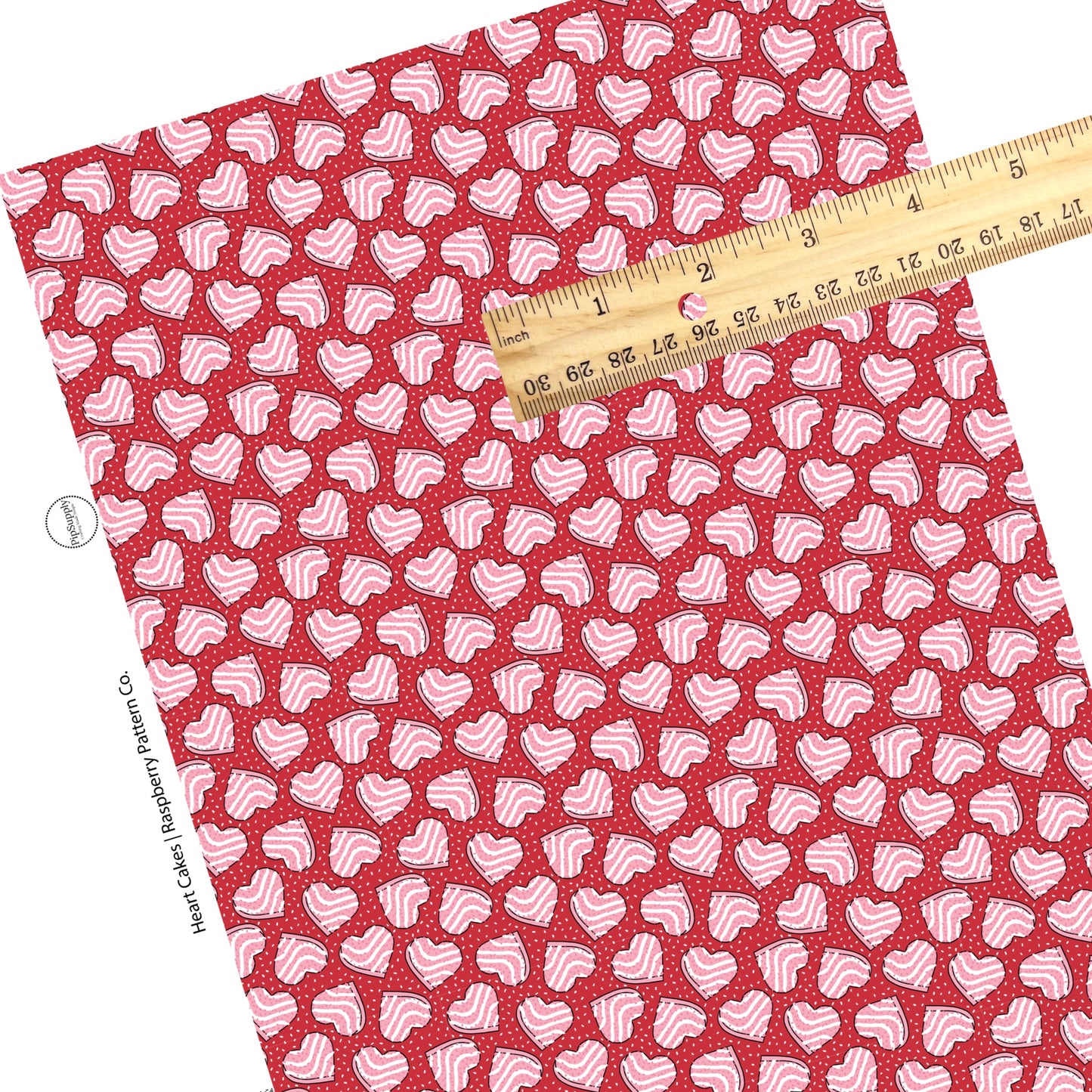 These Valentine's pattern themed faux leather sheets contain the following design elements: pink heart shaped cakes surrounded by white sprinkles on red. Our CPSIA compliant faux leather sheets or rolls can be used for all types of crafting projects.