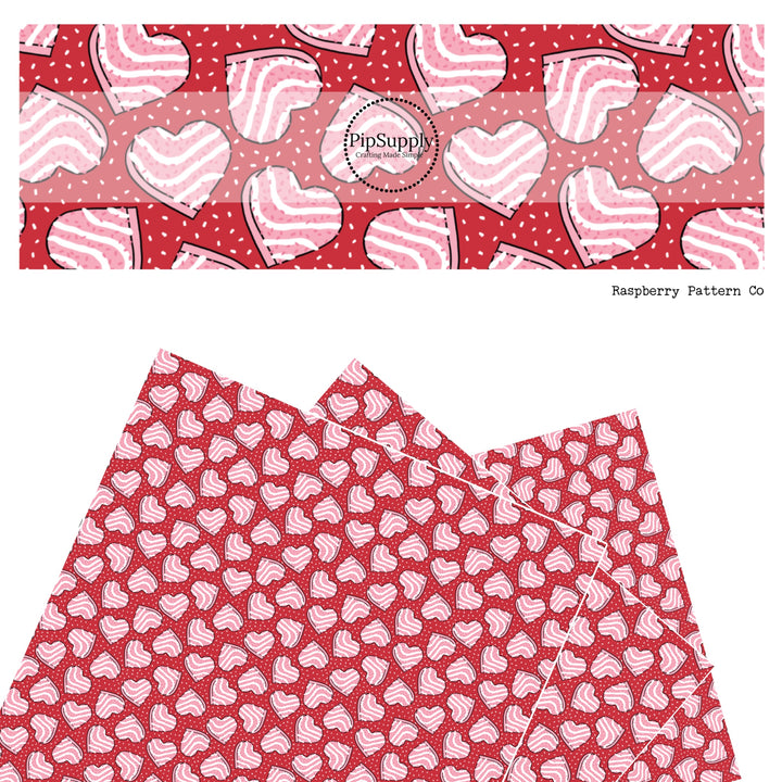 These Valentine's pattern themed faux leather sheets contain the following design elements: pink heart shaped cakes surrounded by white sprinkles on red. Our CPSIA compliant faux leather sheets or rolls can be used for all types of crafting projects.