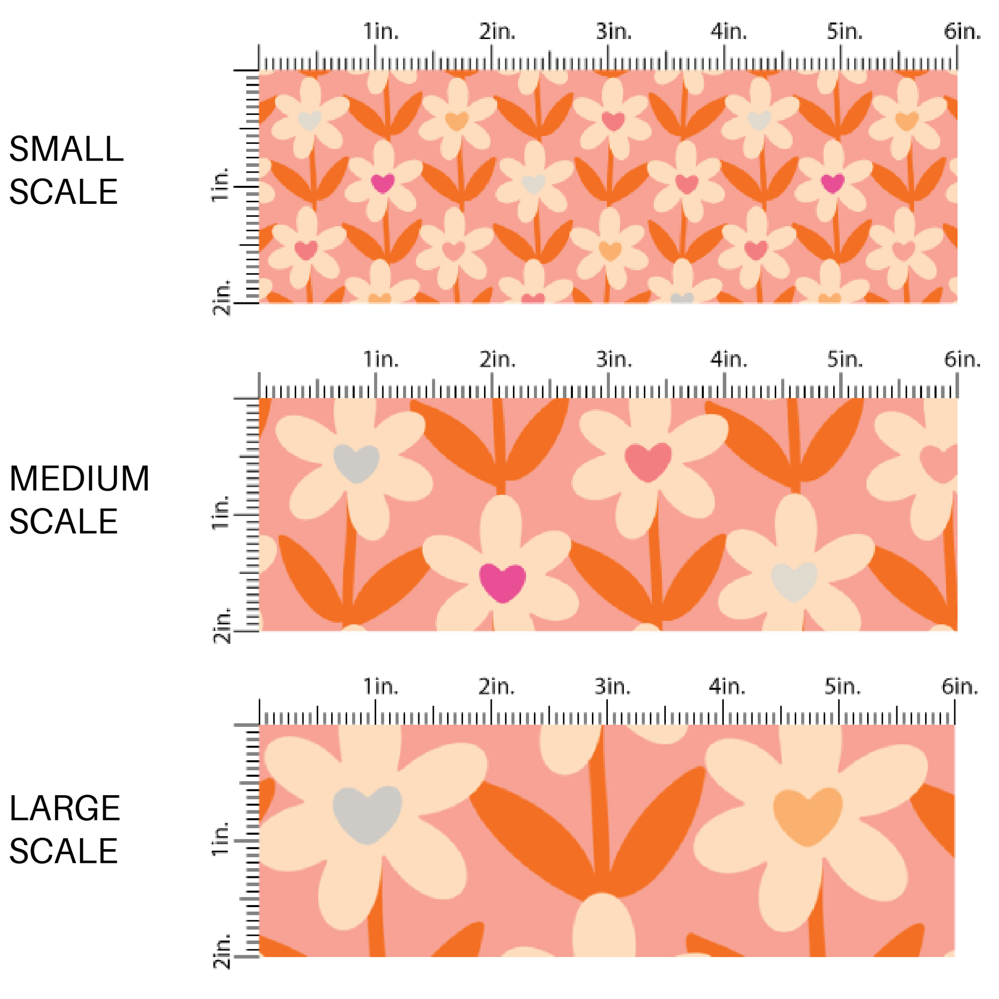 This scale chart of small scale, medium scale, and large scale of these Valentine's pattern themed fabric by the yard features cream daisies with colorful hearts on peach. This fun Valentine's Day fabric can be used for all your sewing and crafting needs!