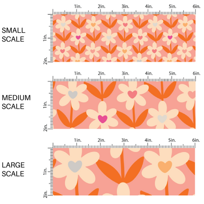 This scale chart of small scale, medium scale, and large scale of these Valentine's pattern themed fabric by the yard features cream daisies with colorful hearts on peach. This fun Valentine's Day fabric can be used for all your sewing and crafting needs!