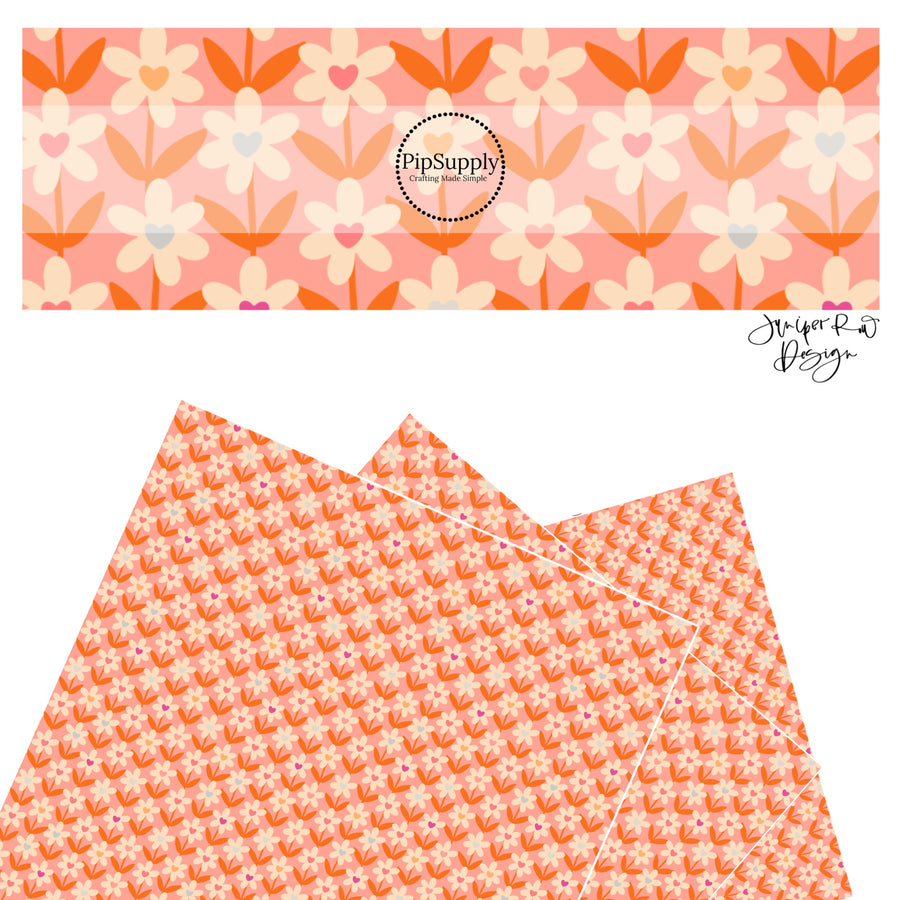 These Valentine's pattern themed faux leather sheets contain the following design elements: cream daisies with colorful hearts on peach. Our CPSIA compliant faux leather sheets or rolls can be used for all types of crafting projects.