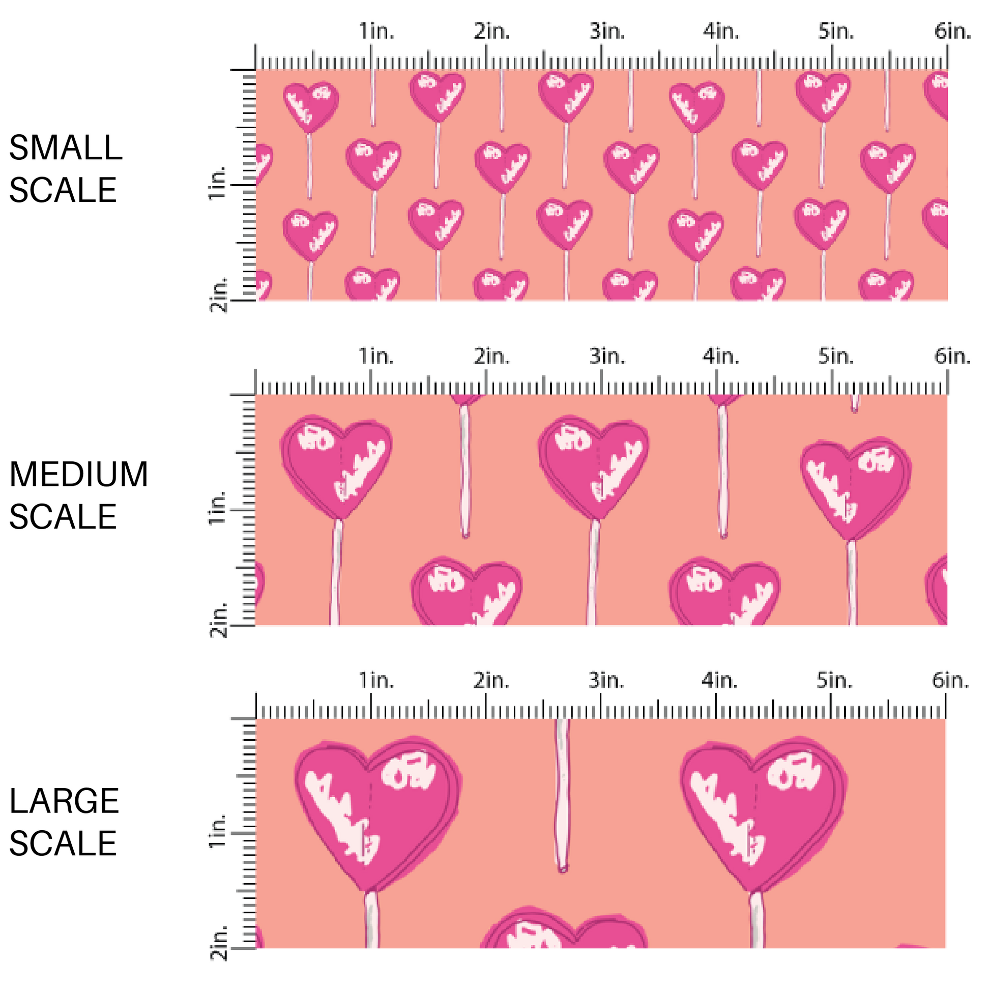 This scale chart of small scale, medium scale, and large scale of these Valentine's pattern themed fabric by the yard features pink lollipops on peach. This fun Valentine's Day fabric can be used for all your sewing and crafting needs! 