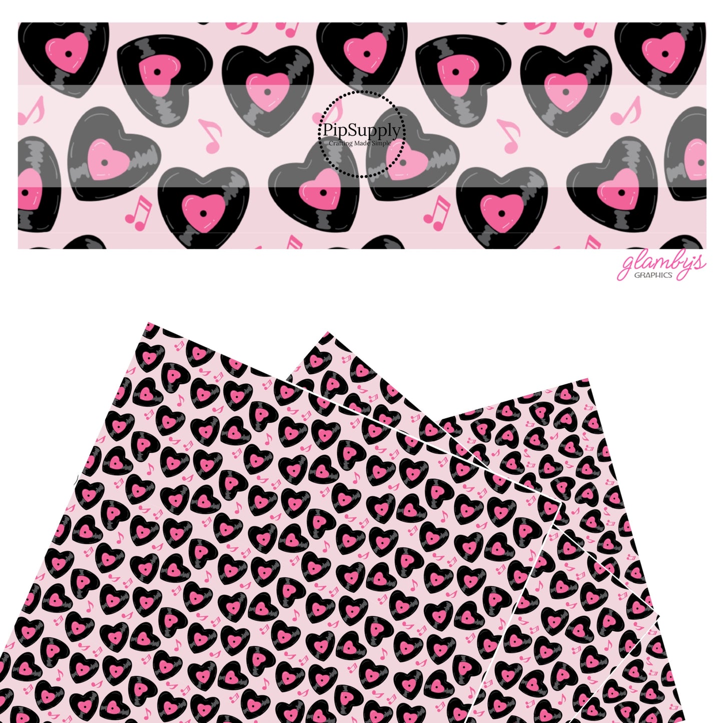 These Valentine's pattern themed faux leather sheets contain the following design elements: heart shaped vinyls surrounded by musical notes on pink. Our CPSIA compliant faux leather sheets or rolls can be used for all types of crafting projects.
