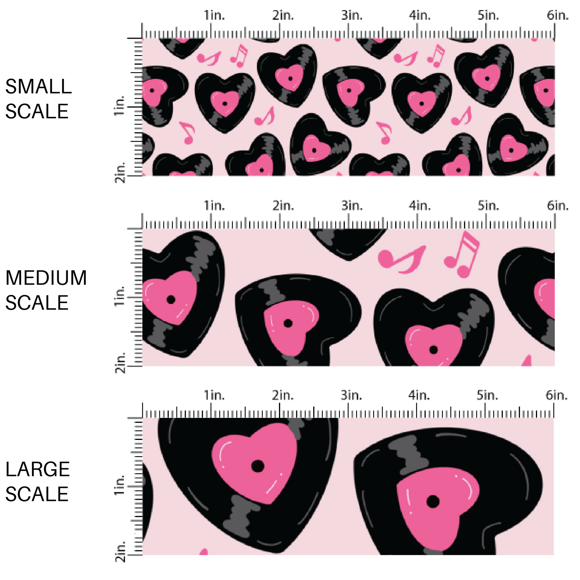 Heart Shaped Vinyl's and Pink Music Notes on Pink Fabric by the Yard scaled image guide.
