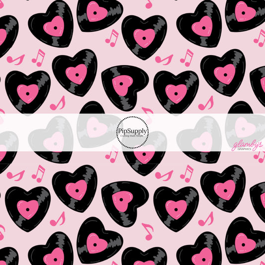 Heart Shaped Vinyl's and Pink Music Notes on Pink Fabric by the Yard.