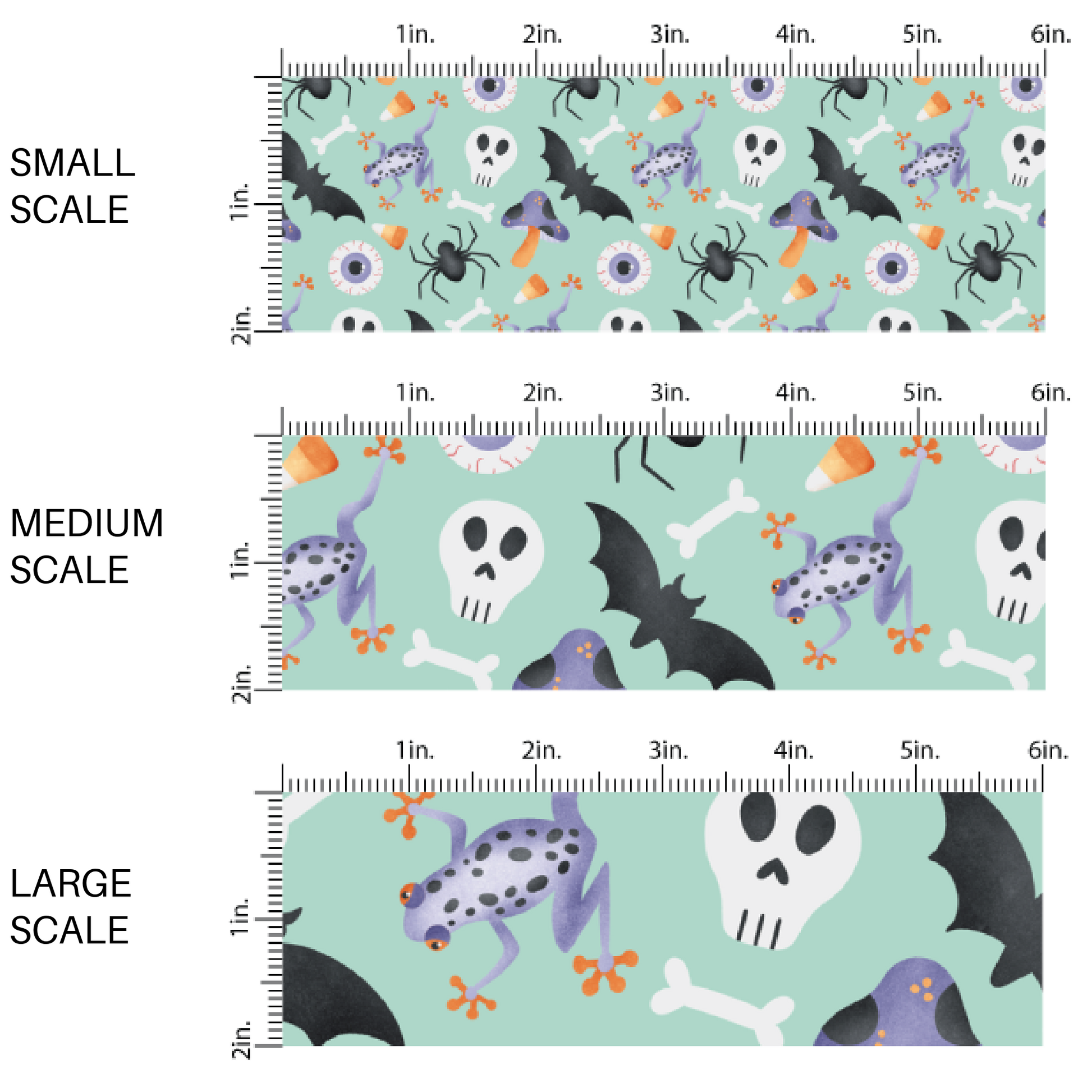 This scale chart of small scale, medium scale, and large scale of these Halloween themed blue fabric by the yard features bats, skulls, eyeballs, spiders, and candy on light blue. This fun spooky themed fabric can be used for all your sewing and crafting needs! 