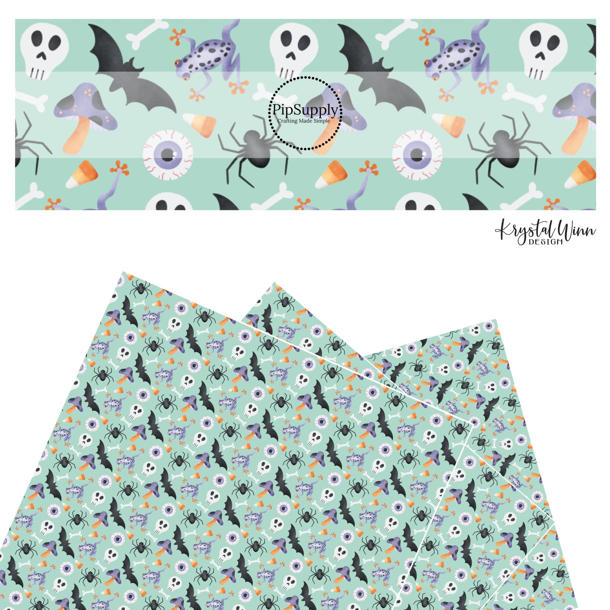These Halloween themed blue faux leather sheets contain the following design elements: bats, skulls, eyeballs, spiders, and candy on light blue. Our CPSIA compliant faux leather sheets or rolls can be used for all types of crafting projects.