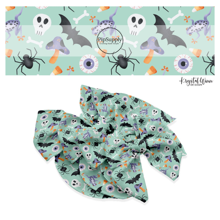 These Halloween themed blue no sew bow strips can be easily tied and attached to a clip for a finished hair bow. These fun spooky bow strips are great for personal use or to sell. The bow stripes features bats, skulls, eyeballs, spiders, and candy on light blue.