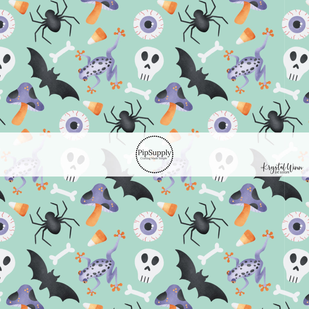 These Halloween themed blue no sew bow strips can be easily tied and attached to a clip for a finished hair bow. These fun spooky bow strips are great for personal use or to sell. The bow stripes features bats, skulls, eyeballs, spiders, and candy on light blue.