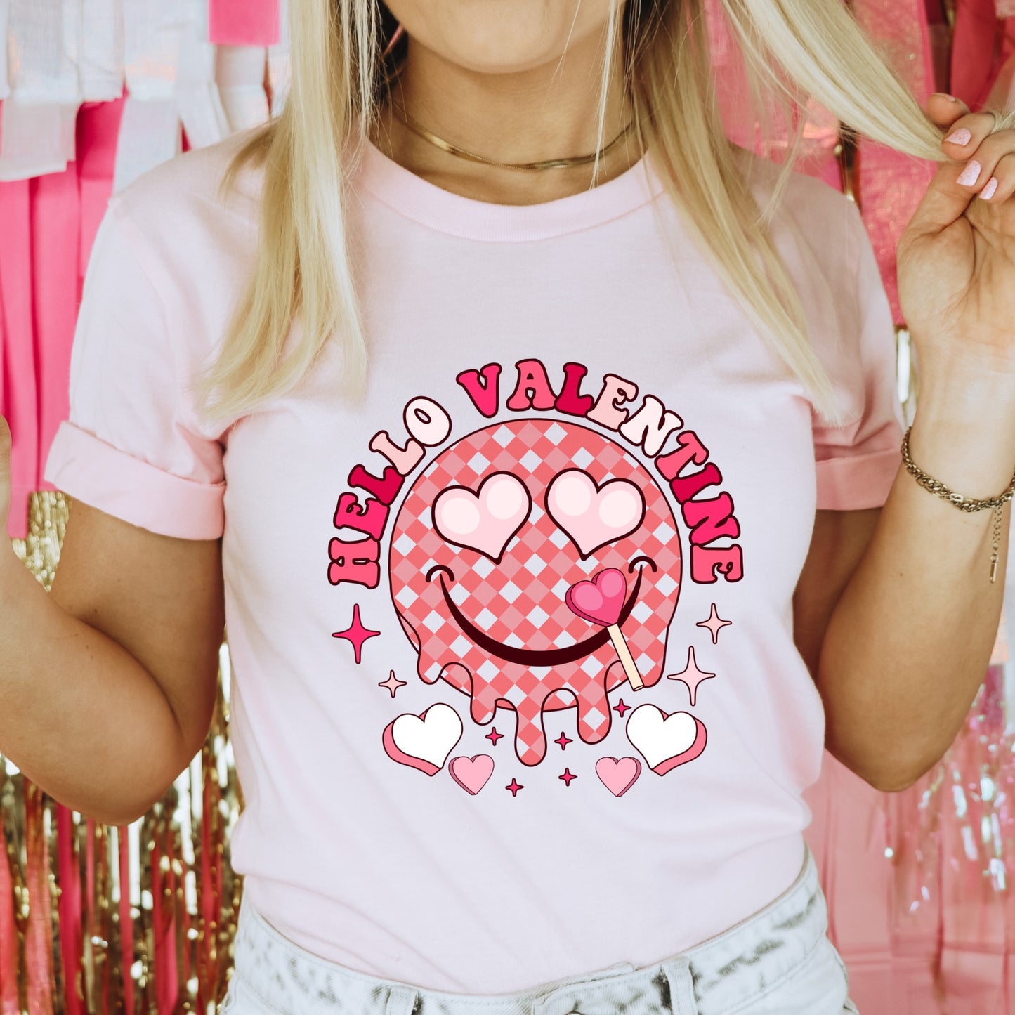Pink Smiley Face "Hello Valentine" Valentine's Day Iron On Heat Transfer