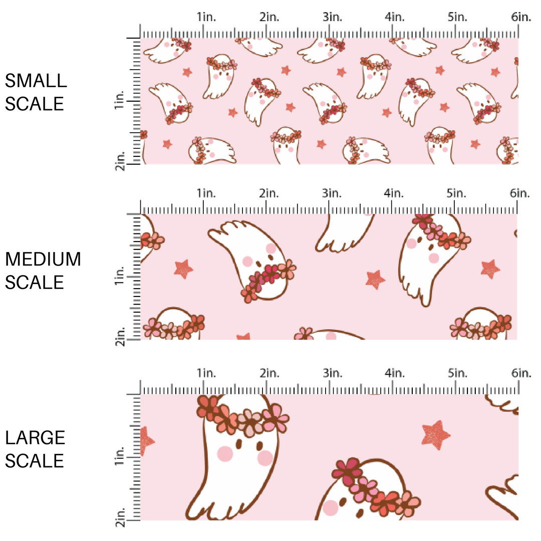 Light pink fabric by the yard scaled image guide with hippie ghosts and scattered stars.