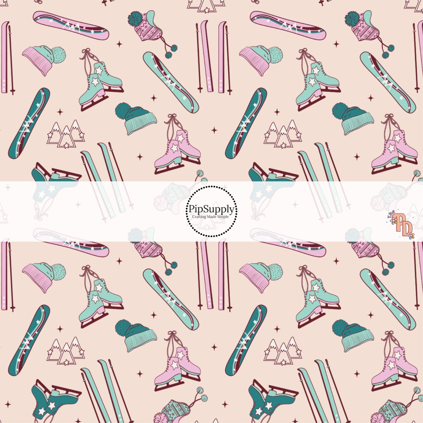 Cream fabric by the yard with purple and turquoise skis and ice-skates.