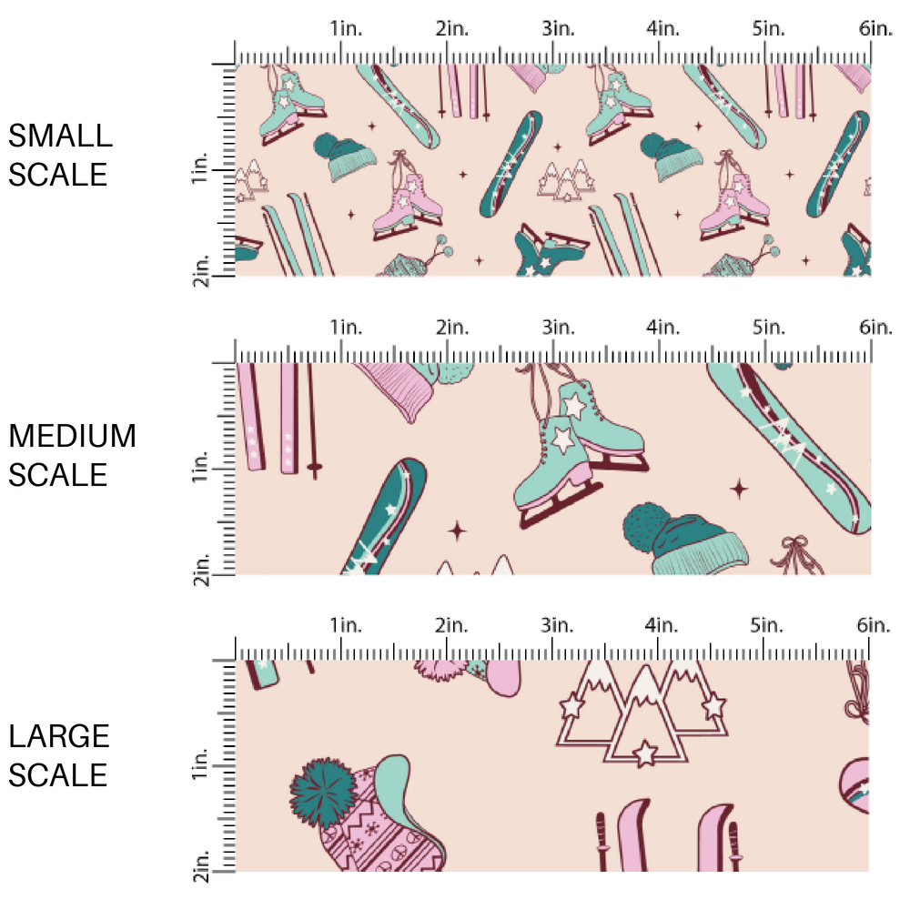 Cream fabric by the yard scaled image guide with purple and turquoise skis and ice-skates.