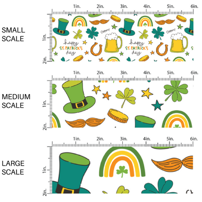 Beers, Clovers, Gold Coins, Rainbows, and Top Hats on White Fabric by the Yard scaled image guide.