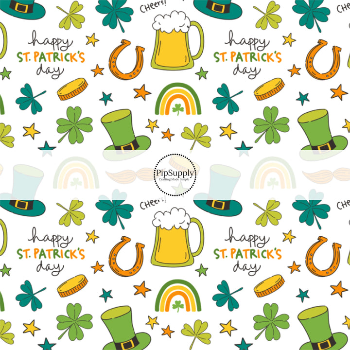 Beers, Clovers, Gold Coins, Rainbows, and Top Hats on White Fabric by the Yard.