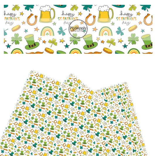 These St. Patrick's Day pattern themed faux leather sheets contain the following design elements: St. Patrick's Day themed shamrocks, rainbows, leprechauns, and clovers on white. Our CPSIA compliant faux leather sheets or rolls can be used for all types of crafting projects.