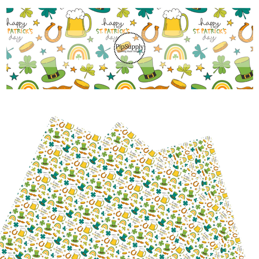 These St. Patrick's Day pattern themed faux leather sheets contain the following design elements: St. Patrick's Day themed shamrocks, rainbows, leprechauns, and clovers on white. Our CPSIA compliant faux leather sheets or rolls can be used for all types of crafting projects.