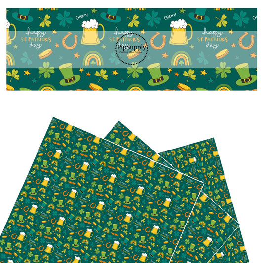 These St. Patrick's Day pattern themed faux leather sheets contain the following design elements: St. Patrick's Day themed shamrocks, rainbows, leprechauns, and clovers on green. Our CPSIA compliant faux leather sheets or rolls can be used for all types of crafting projects.