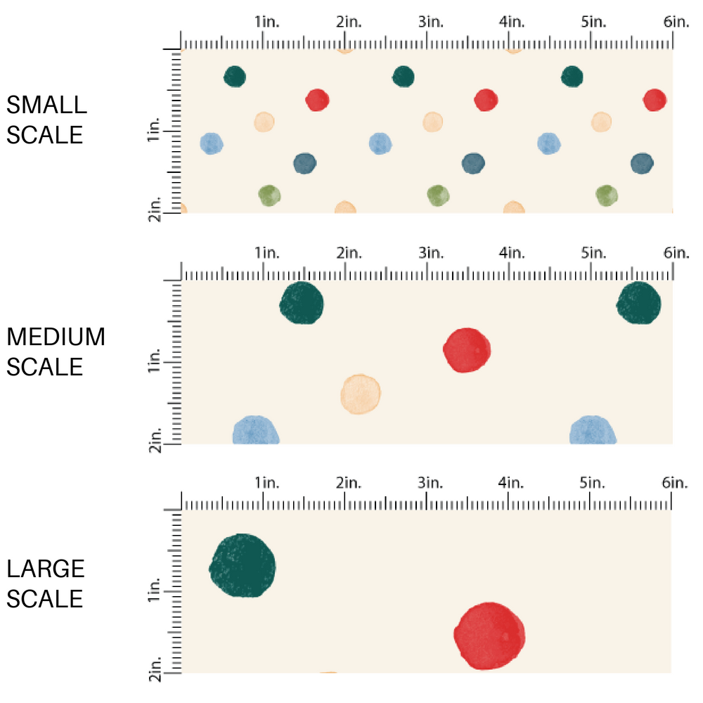 This scale chart of small scale, medium scale, and large scale of these holiday pattern themed fabric by the yard features colorful dots on cream. This fun Christmas fabric can be used for all your sewing and crafting needs!