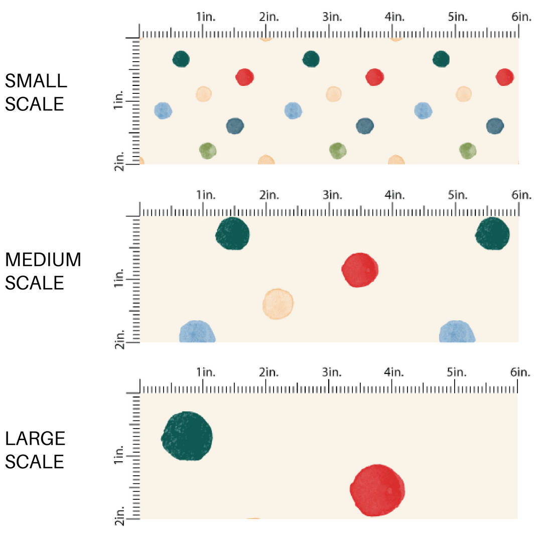 This scale chart of small scale, medium scale, and large scale of these holiday pattern themed fabric by the yard features colorful dots on cream. This fun Christmas fabric can be used for all your sewing and crafting needs!