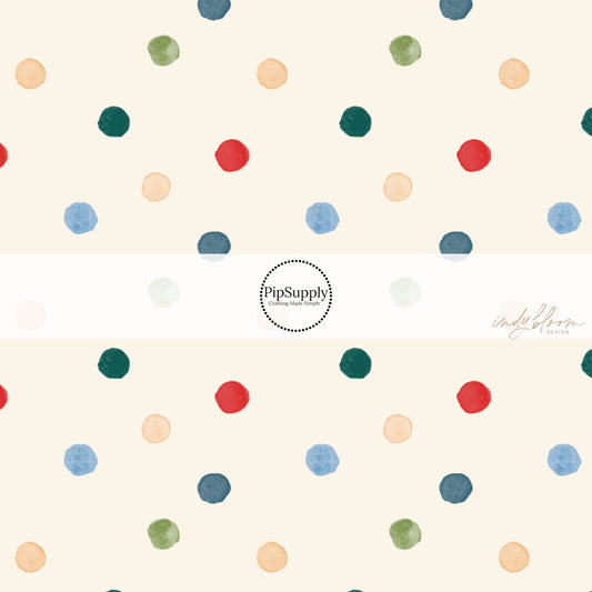 These holiday pattern themed fabric by the yard features colorful dots on cream. This fun Christmas fabric can be used for all your sewing and crafting needs!