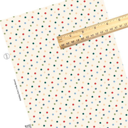 These holiday themed faux leather sheets contain the following design elements: colorful dots on cream. Our CPSIA compliant faux leather sheets or rolls can be used for all types of crafting projects.