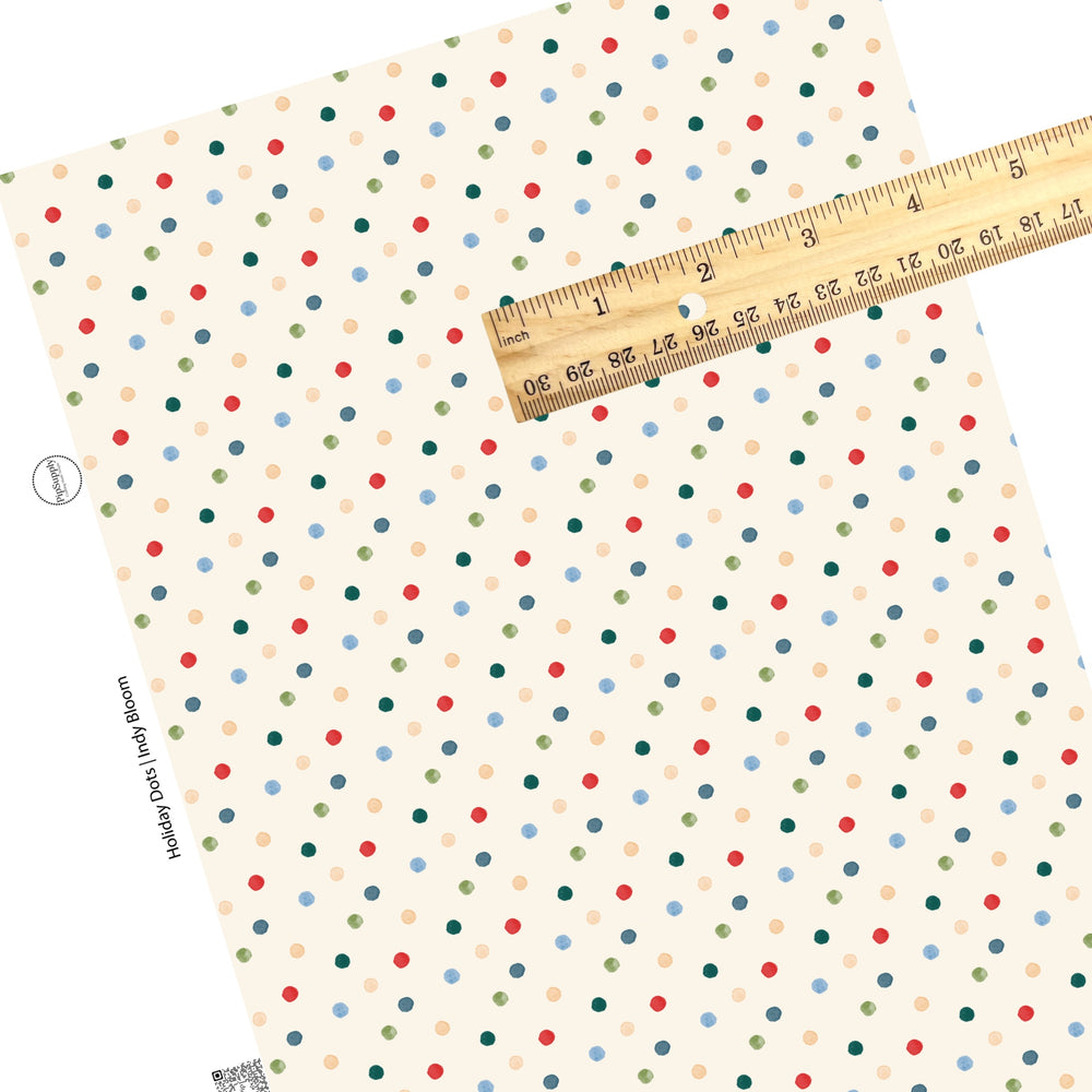 These holiday themed faux leather sheets contain the following design elements: colorful dots on cream. Our CPSIA compliant faux leather sheets or rolls can be used for all types of crafting projects.