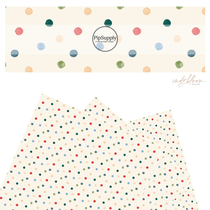 These holiday themed faux leather sheets contain the following design elements: colorful dots on cream. Our CPSIA compliant faux leather sheets or rolls can be used for all types of crafting projects.