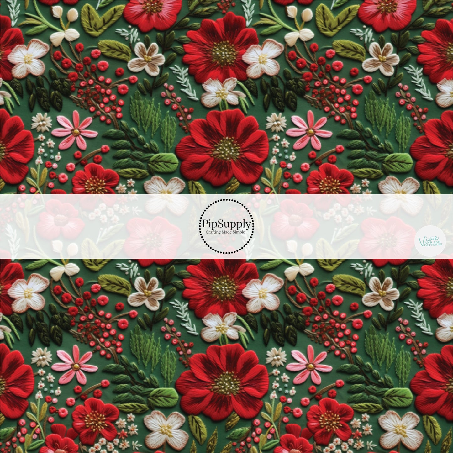 Green fabric by the yard with red and green embroidered florals.