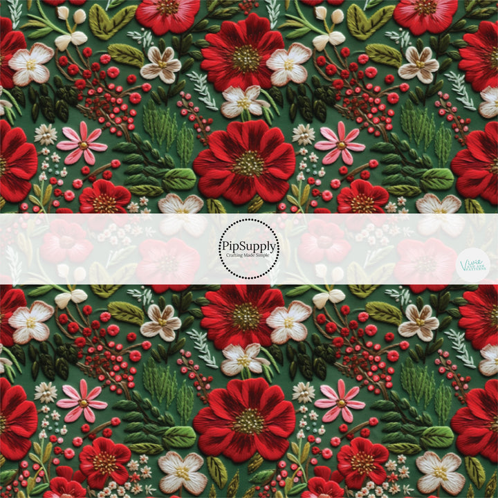 Green fabric by the yard with red and green embroidered florals.