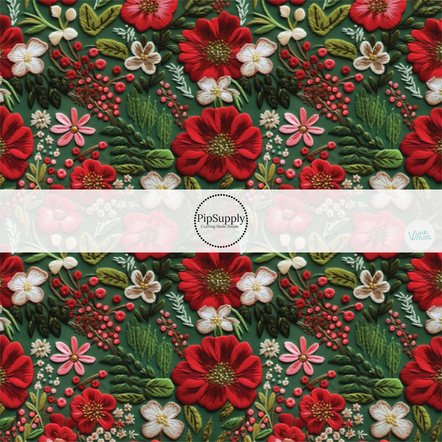 Green fabric by the yard with red and green embroidered florals.