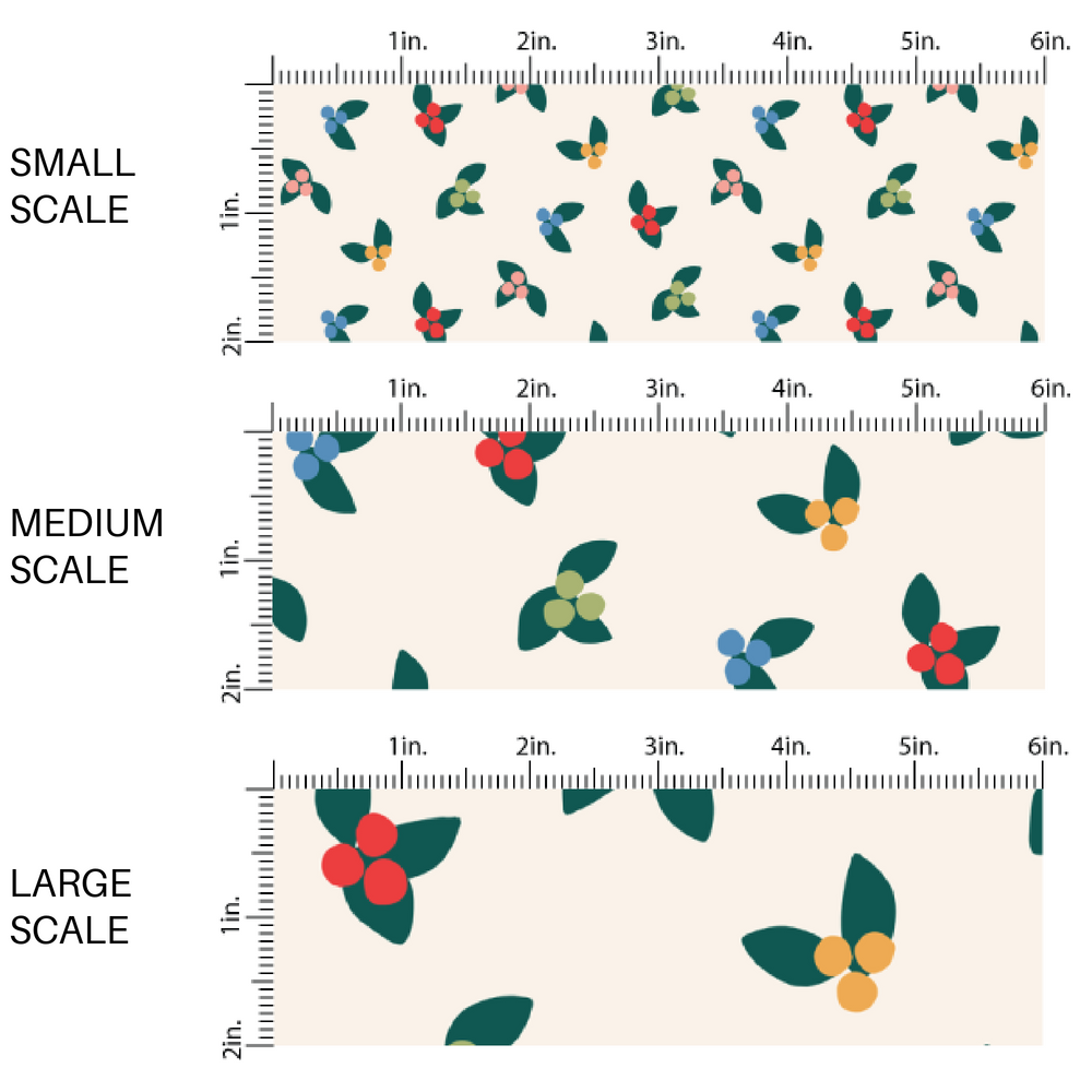 This scale chart of small scale, medium scale, and large scale of these holiday pattern themed fabric by the yard features colorful holly on cream. This fun Christmas fabric can be used for all your sewing and crafting needs!