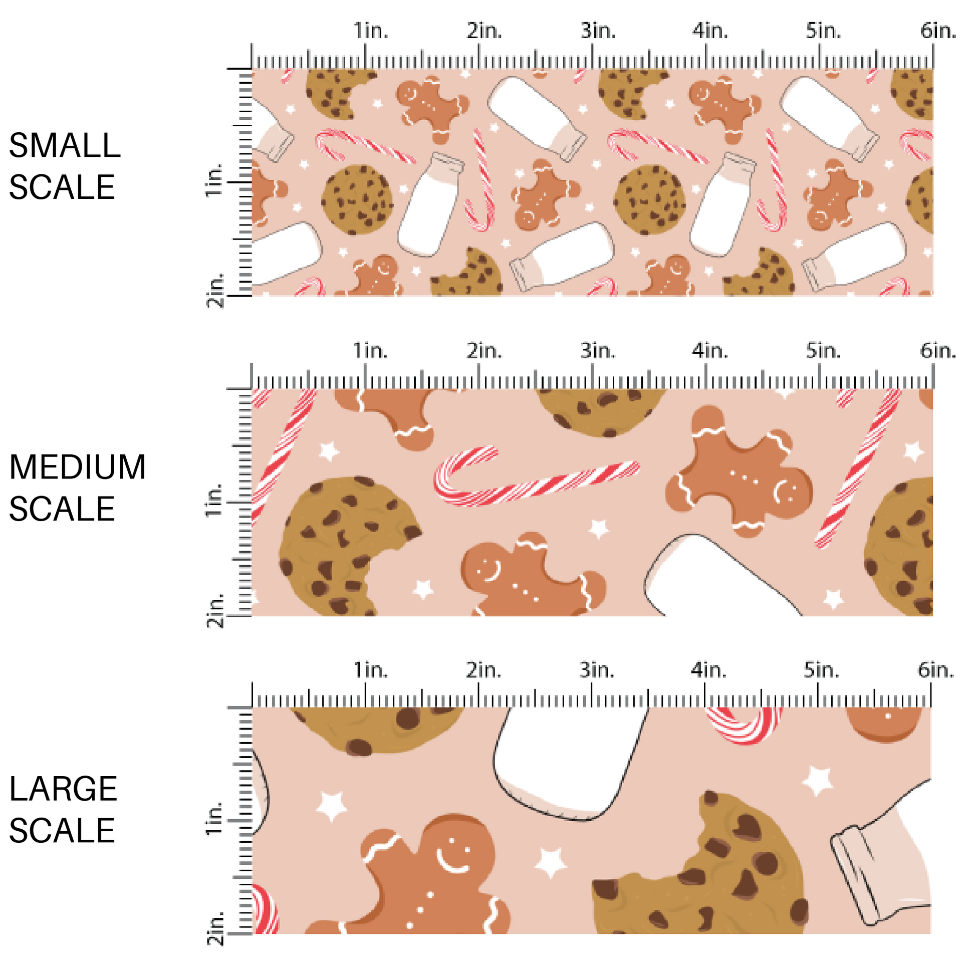 This scale chart of small scale, medium scale, and large scale of these holiday pattern themed fabric by the yard features iced gingerbread, chocolate chip cookies, candy canes, and milk on pink. This fun Christmas fabric can be used for all your sewing and crafting needs!