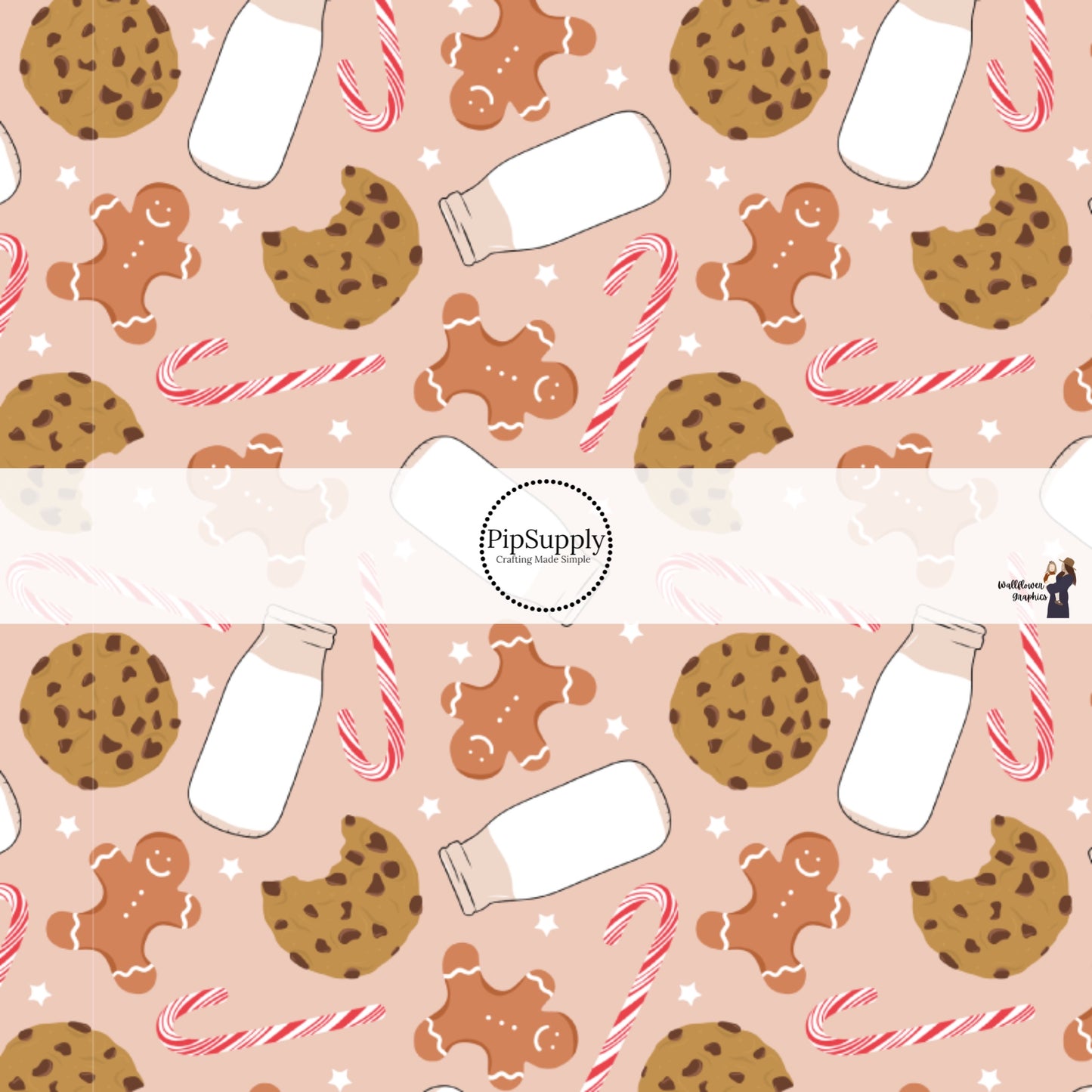 These holiday pattern themed fabric by the yard features iced gingerbread, chocolate chip cookies, candy canes, and milk on pink. This fun Christmas fabric can be used for all your sewing and crafting needs!