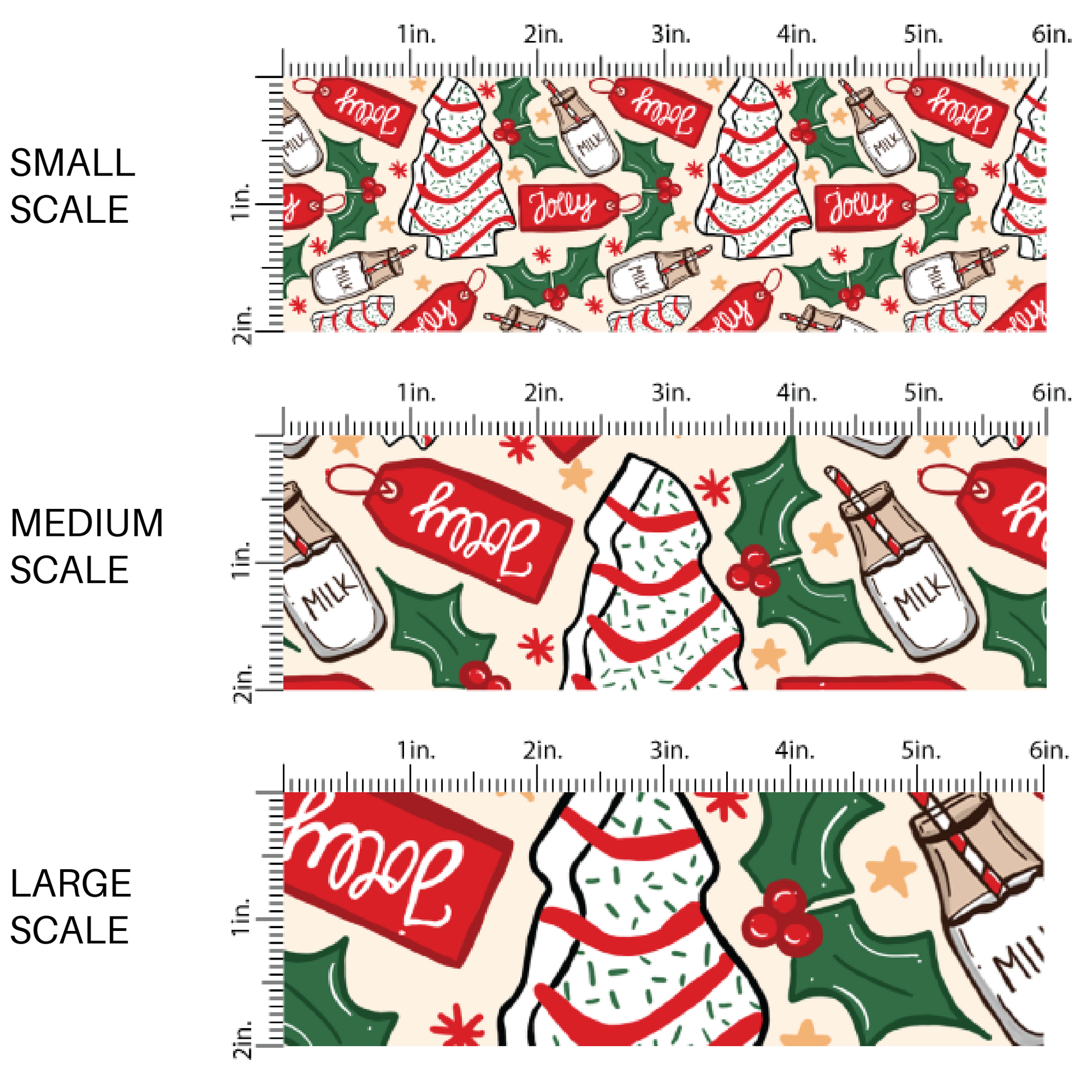 Cream fabric by the yard scaled image guide with Christmas tree cakes, gift tags, holly leaves, and glasses of milk.