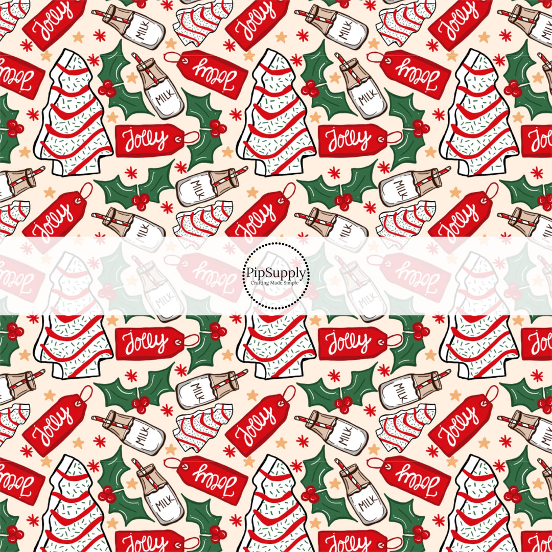 Cream fabric by the yard with Christmas tree cakes, gift tags, holly leaves, and glasses of milk.