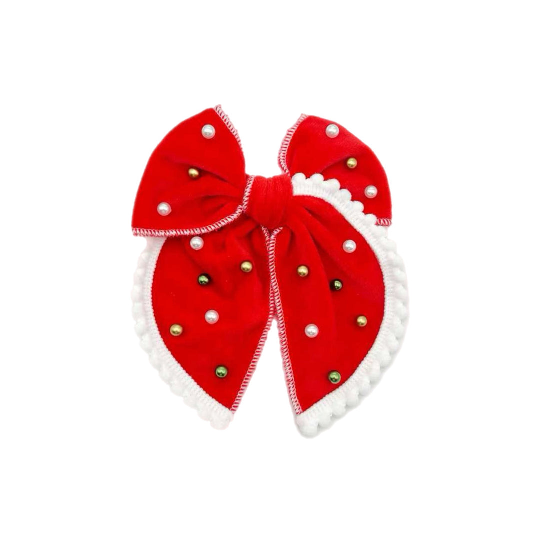 Holiday Red Velvet Pearl Pom Trim Hair Bow TIED With Clip