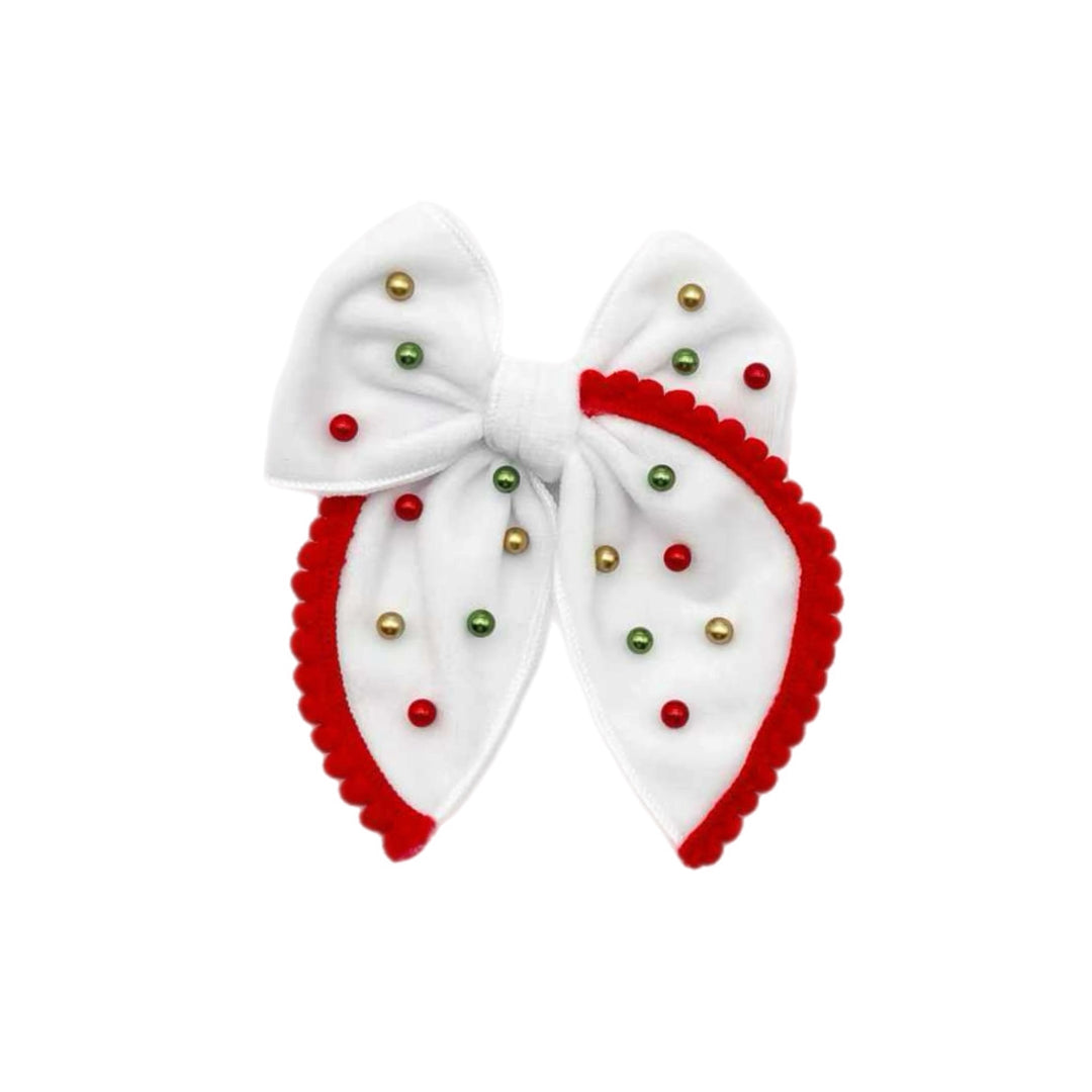 Holiday White Velvet Pearl Pom Trim Hair Bow TIED With Clip