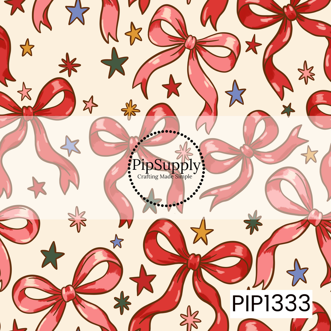 A whimsical bow pattern featuring oversized hand-drawn ribbon bows in bright red and rosy pink on a warm cream background. Scattered retro starbursts in red, pink, blue, mustard and deep green add a playful vintage touch.